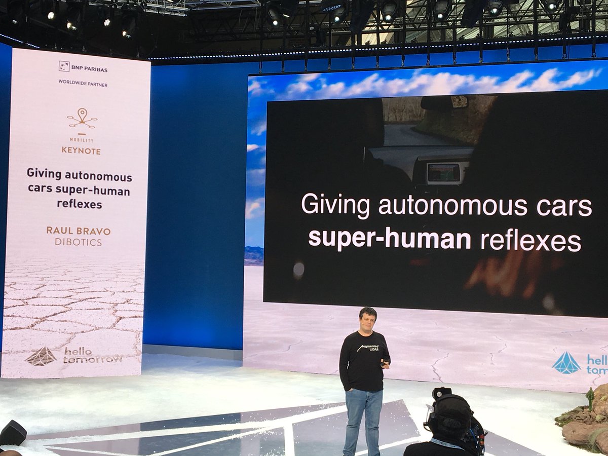 CardifLab's tweet photo. How to give autonomous cars super-human reflexes? @raul_bravo CEO #Dibotics believes that cars need fused sensing, a multi-spectral data (camera, thermal camera, radar, lidar with 3D data). But it will take time #HTSummit #Mobility https://t.co/IgSzsV0BPl