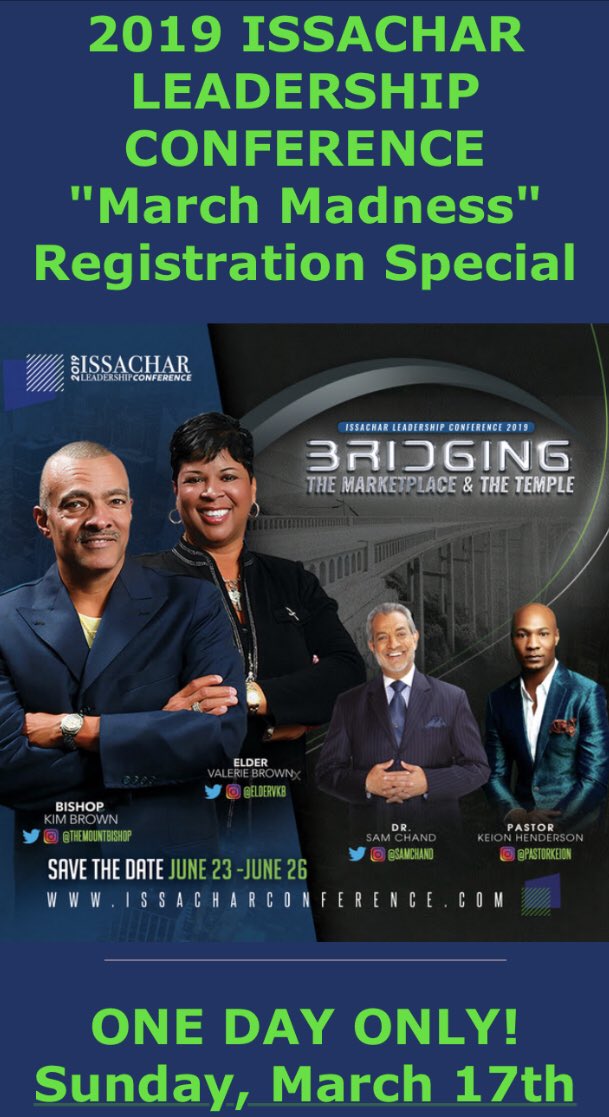 ISSACHARCONFERE's tweet photo. Issachar March Madness ONE DAY Registration Special is Sunday 3/17. Take advantage of this year’s lowest registration prices and SAVE! Prices good 12am-11:59pm 3/17 ONLY at https://t.co/LdQVAIh2R0 https://t.co/sCEwVKw51z