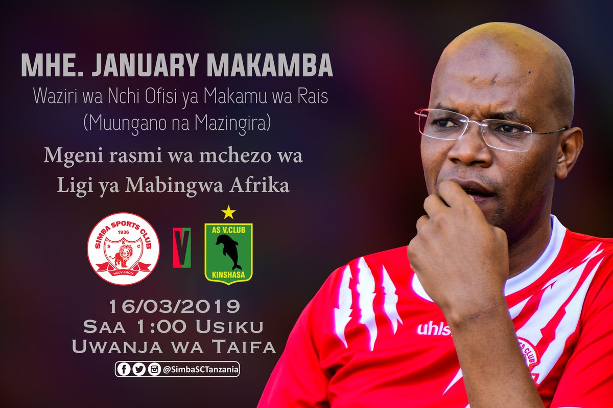 SimbaSCTanzania's tweet photo. Waziri wa Nchi Ofisi ya Makamu wa Rais - Mazingira na Muungano na Mwanasimba mwenzetu, Mhe. January Makamba atakuwa mgeni rasmi wa mchezo wa Ligi ya Mabingwa Afrika ambao tutacheza na AS Vita Club. #DoOrDie #NguvuMoja https://t.co/fj2CI5isLo