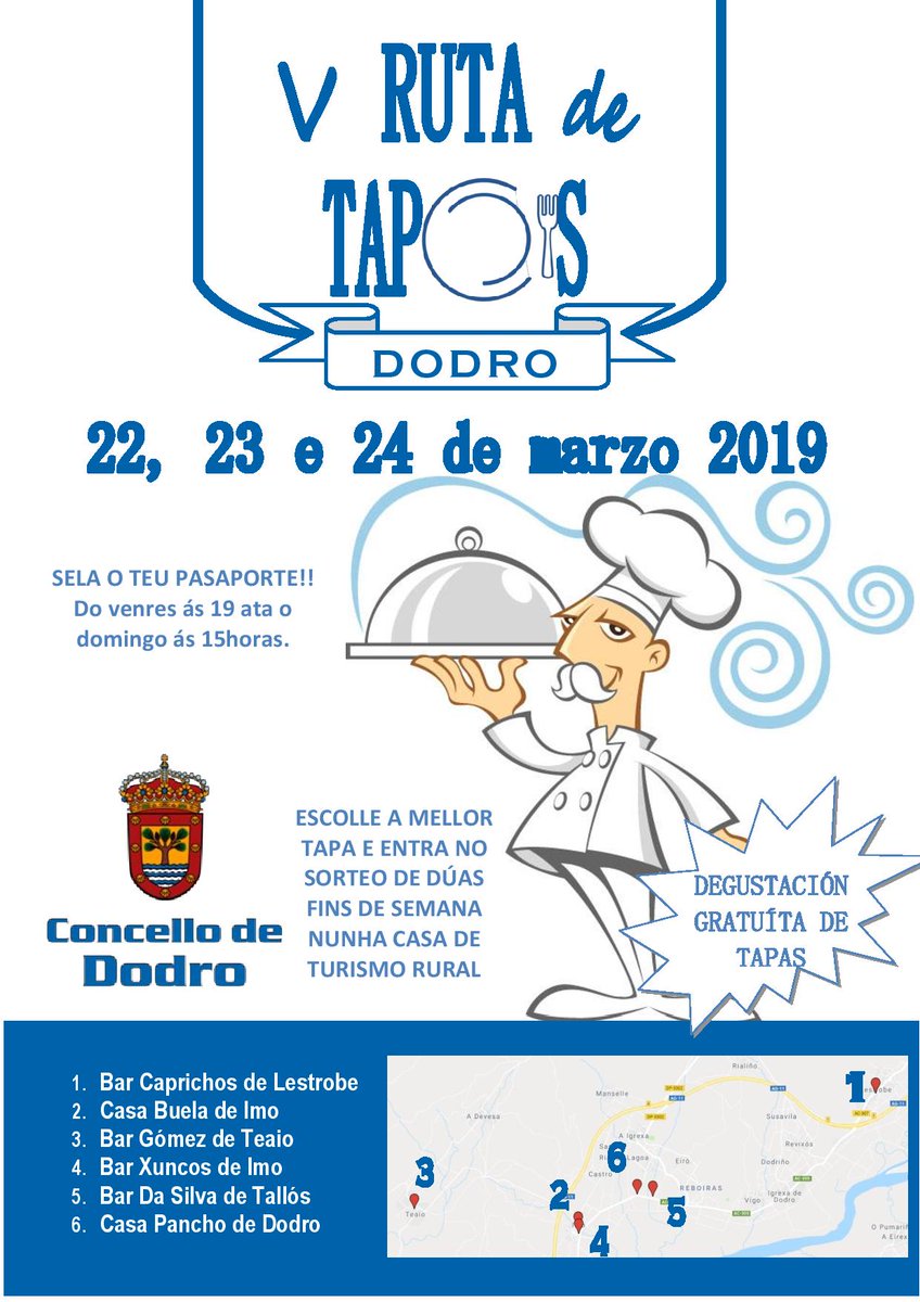 Conc_deDodro's tweet photo. Chega a V Ruta de Tapas de Dodro os días 22, 23 e 24 de marzo. Participan: Bar Caprichos, Casa Buela, Bar Gómez, Bar Xuncos, Bar Da Silva e Casa Pancho. Sela o teu pasaporte e entra no sorteo de dúas fins de semana nunha casa de turismo rural.
#rutadetapas #concellodedodro #dodro https://t.co/io99p9vEvc