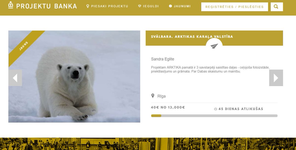 <a href="/PROJEKTUBANKA/">PROJEKTU BANKA</a> savu kampaņu platformā uzsāk projekts "SVĀLBARA. ARKTIKAS KARAĻA VALSTĪBA".

Atbalstītajiem iespēja saņemt fotogrāmatu ar autores ierakstu, īpašus fotoattēlus kā arī tikt minētiem grāmatā kā tās atbalstītājiem.

Vairāk info. šeit: projektubanka.lv/projects/svalb…