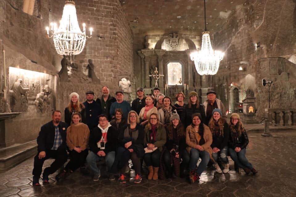 BrenhamHS's tweet photo. Mrs. Fielding, Mrs. Lasagna, and Mr. Barber are in Europe this spring break with a group of @BrenhamHS seniors. This was in the Weliczka Salt Mines yesterday. The entire room is made of salt, including statues and chandeliers! @BrenhamISD #BHSWhereEveryoneMatters https://t.co/aEClwWM070