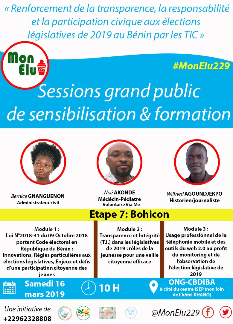 monelu229's tweet photo. #Benin🇧🇯 #Legislatives2019 
#MonElu229🗳
#Bohicon accueille l'étape 8 des sessions grands publics pr le département #Collines. 
RDV le Samedi 1⃣6⃣ Mars 2⃣0⃣1⃣9⃣ à partir de ⏰10H à #Bohicon. #citoyen229 #Transparence229 #ViaMe #Isacib https://t.co/tPm65naxJp