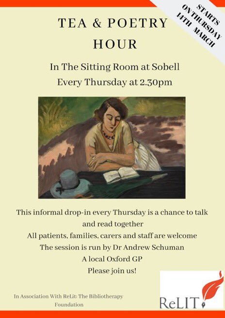 Great work starting today (and every Thurs) at Sobell House Hospice in Oxford. Tea, and talking about poetry, led by GP @AndrewSchuman of @lit_med in partnership with @ReLitUK. Here's to the medicine of poetry (and the power of tea) @drkathrynmannix @hospiceuk #withtheendinmind