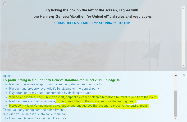 tyrelady's tweet photo. Am registering for @GeneveMarathon & they make you read their pledge. Fantastic. More marathons need to do this to make runners aware of their impact on the environment #LitterFree #LowCarbon #SafeRuns Next year hope they say "you must #BYOB to #reduce waste generation" https://t.co/2J6ajtQXxY