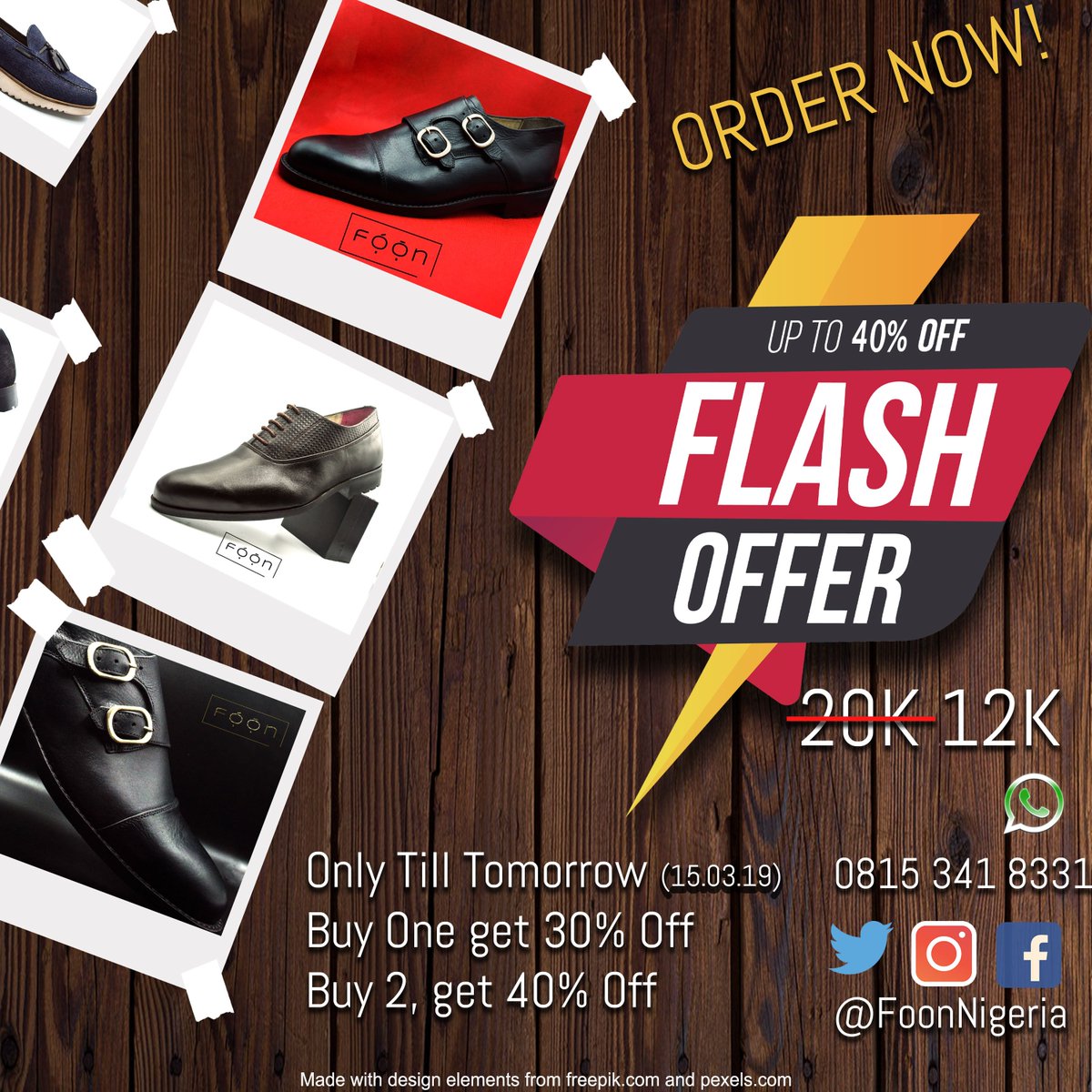 FoonNigeria's tweet photo. Flash Offer! Order shoes for as low as 12K. Only till the end of tomorrow. Order Now.
DM here, or Whatsapp: +2348153418331 for enquires.
#NationwideDelivery
#Fashion #Abuja #Nigeria #MensFashion #MadeinNigeria #Foon #FOTG #FoonForTheWin #Shoes #Photography #Style #WomensFashion https://t.co/RxoFsX5x3v