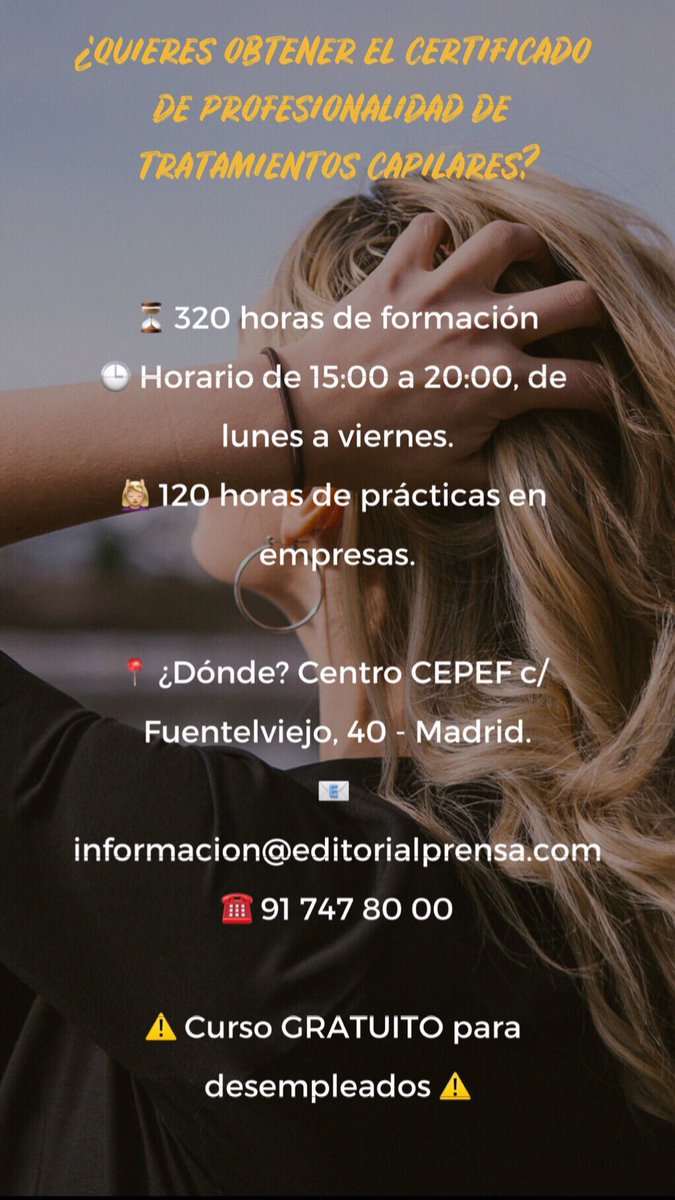 CoiffureProf's tweet photo. ¿Quieres obtener el certificado de profesionalidad de Tratamientos Capilares? Una de las profesiones con más expectativas actualmente. ¡Llámanos y te contamos! ☎️ 917478000 https://t.co/QCUI2Yrbq2