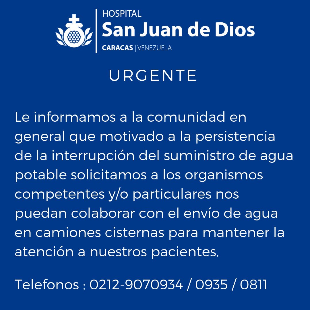 hsjddcaracass's tweet image. Presentamos fallas en suministro de agua potable, solicitamos el apoyo para abastecernos de agua y así poder garantizar la atención hospitalaria a nuestros pacientes. 

Gracias por el apoyo y colaboración. 

#Agua #AguaSegura #AguaPotable #Caracas #Venezuela #AguaEnCrisis #Salud