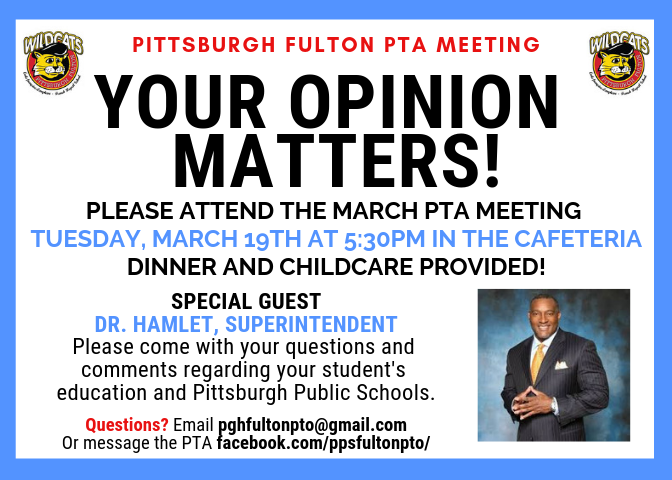PghFultonPTA's tweet photo. Every parent, guardian, and student has a voice! Share it at our next PSCC/PTA meeting on Tuesday, March 19th! We will have the honor of speaking with @PghSuptHamlet at this meeting! Let's fill the cafeteria with engaged Fulton Families! @ppsnews @PghFultonPreK5 #PPSPride https://t.co/aVva9D8mZz