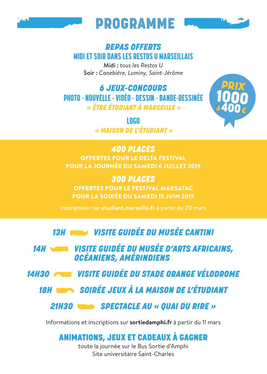 ⚠ LES INSCRIPTIONS SONT OUVERTES pour 4 activités qui se dérouleront le 20 mars prochain sur ➡goo.gl/fotJLv 😁

➡ Une visite guidée du Musée Cantini
➡ Une visite guidée du Musée d'Arts  MAAOA
➡ Une visite guidée du Stade Vélodrome
➡ Une soirée au Le Quai du Rire