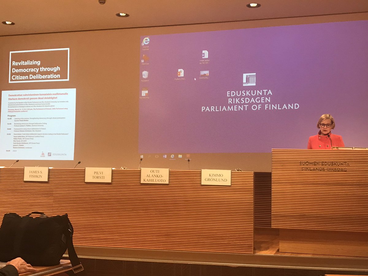 Samforsk_Abo's tweet image. Professor James Fishkin from Stanford University talks about Deliberative Polling and professor Kimmo Grönlund talks about how citizen deliberation could be implemented on a national level in Finland #FutuDem #DemInno #eduskunta #parliamentofFinland
