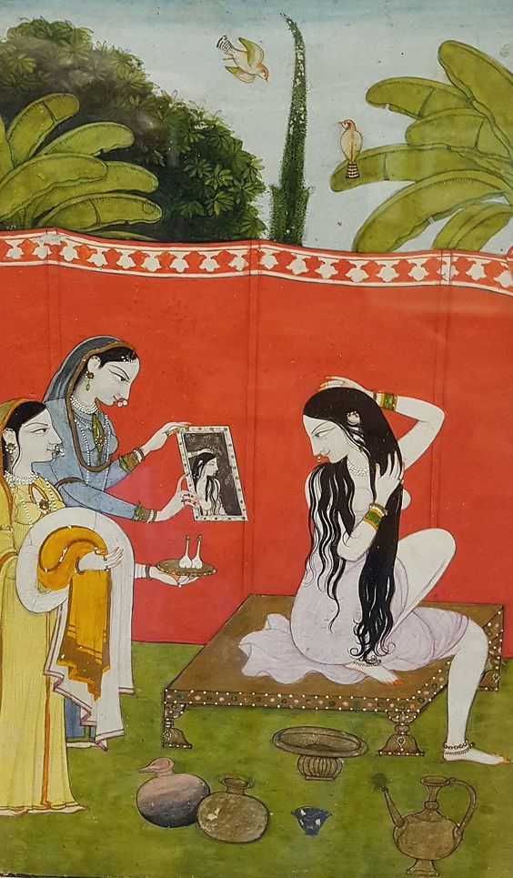 kamlesm's tweet photo. @IndiaArtHistory @india_was @WhiteMughalsFan @DalrympleWill @MKapoorOfficial @ssharadmohhan nayika preparing for bath

the kanat is in backdrop
pahari painting? https://t.co/Tr2xSvAVX3