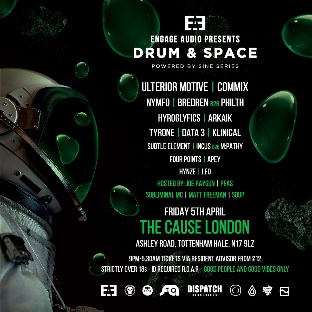 🔊 Friday 5th April: <a href="/EngageAudio/">Engage Audio</a> @SINESERIESSINE presents w/ <a href="/ulterior_motive/">Ulterior Motive</a> @g_Commix <a href="/nymfoDNB/">N Y M F O</a> <a href="/BredrenBE/">BREDREN</a> <a href="/philthdj/">Phil Robinson</a> <a href="/Hyroglifics/">Hyroglifics</a> <a href="/Djarkaik/">Arkaik</a> <a href="/Data_3_Official/">Data 3</a> <a href="/Joe_RaygunYouth/">Joe Raygun</a> &amp; More! 
👉 Tickets: bit.ly/EngageAudio-Dr…