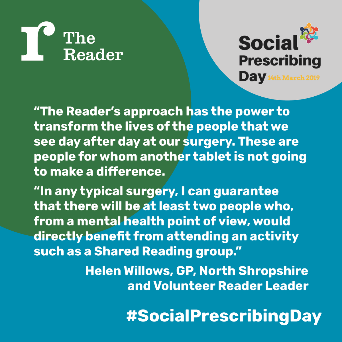 thereaderorg's tweet photo. #SocialPrescribingDay is an important reminder of the work we're doing with health professionals all over the UK to keep people well in their community. A huge thank you to all the teams and GPs, like @willowsh, that are supporting community wellbeing. https://t.co/9J8NqTq8TQ
