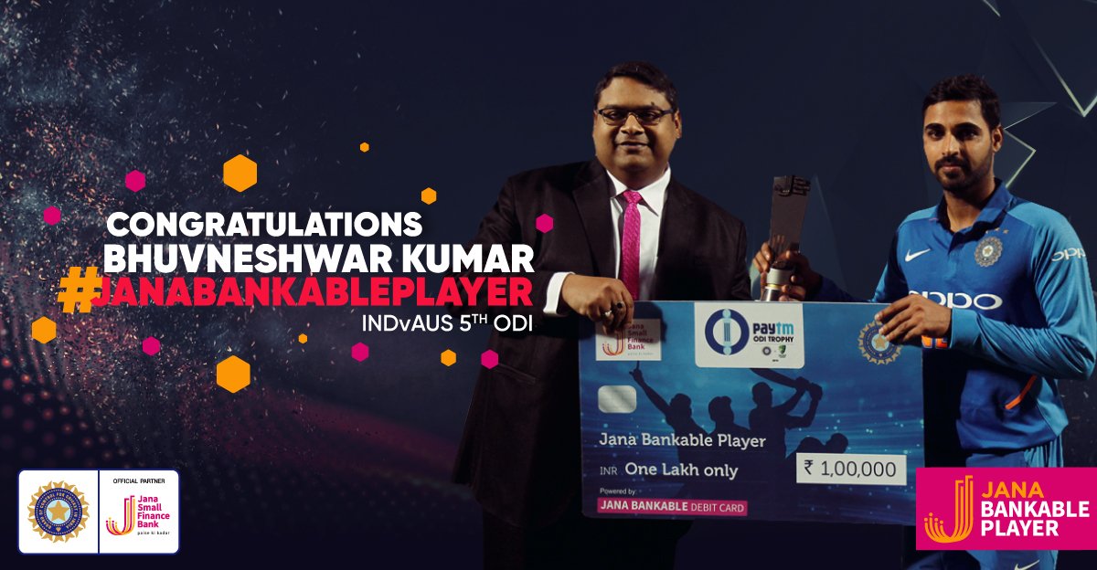 janabankable's tweet photo. Congratulations, @BhuviOfficial on winning the #JanaBankablePlayer of the 5th #INDvAUS #ODI for taking some crucial wickets and stitching together those much needed runs for #TeamIndia! https://t.co/wGZWqyI6dO