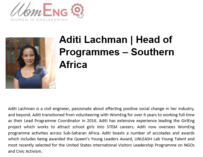 YPFSouthGauteng's tweet photo. Come Join us for the Annual CESA YPF South Gauteng Meet and Greet! With guest speaker, Aditi Lachman, who is WomEng's Head of Programmes for Southern Africa. Looking forward to seeing you there! @aditilachman @_WomEng #YPFMeet&amp;Greet2019 https://t.co/NgQnE9wM76