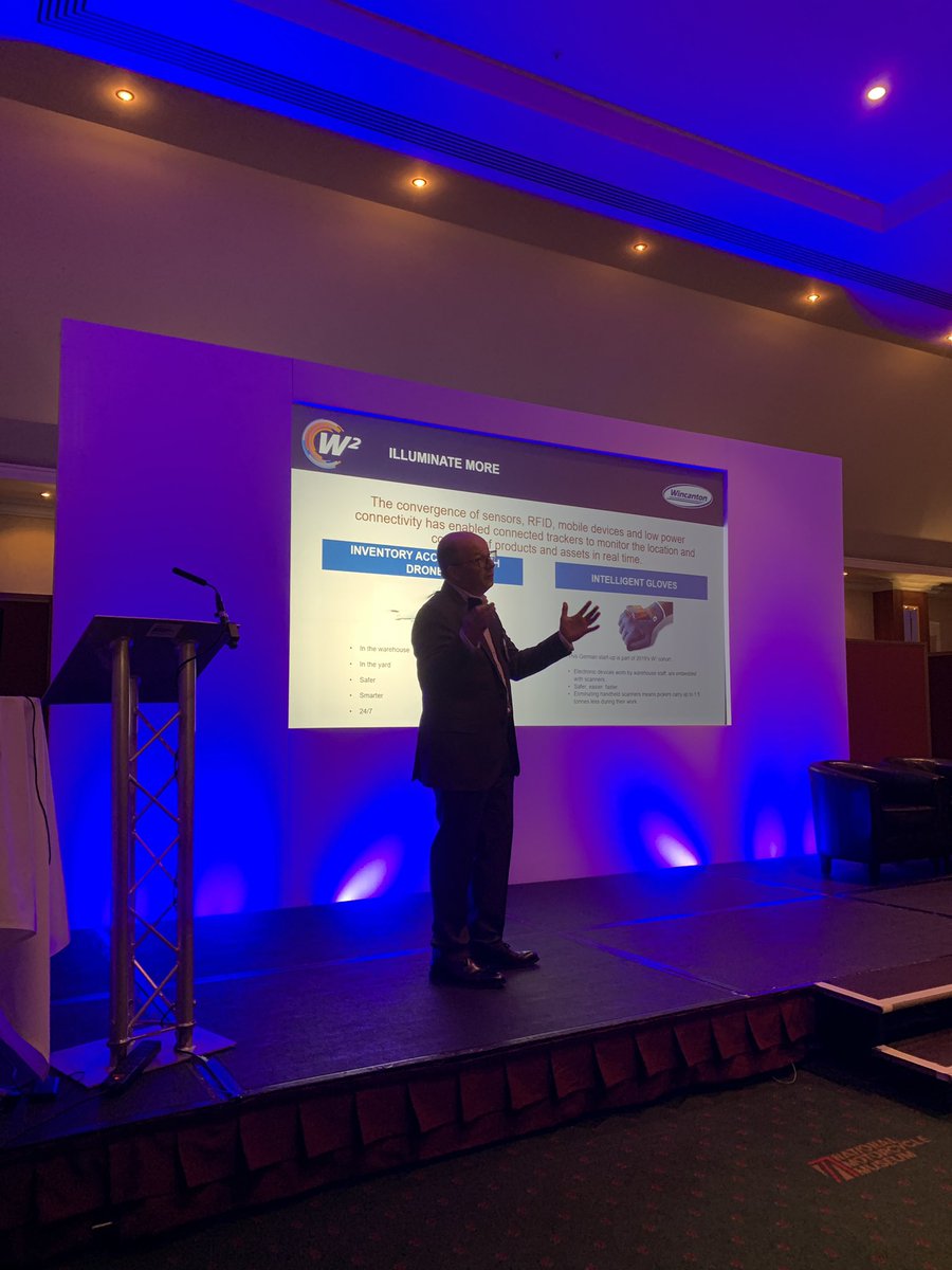 ShaneBrennanUK's tweet photo. Nick Eades from @wincantonplc talking about digitised supply chain - “you need to be running a drone project - it will mean automated accurate, inventory checking at speed, at night, in the dark #coldstorage2019 https://t.co/FgaqHPCuK3