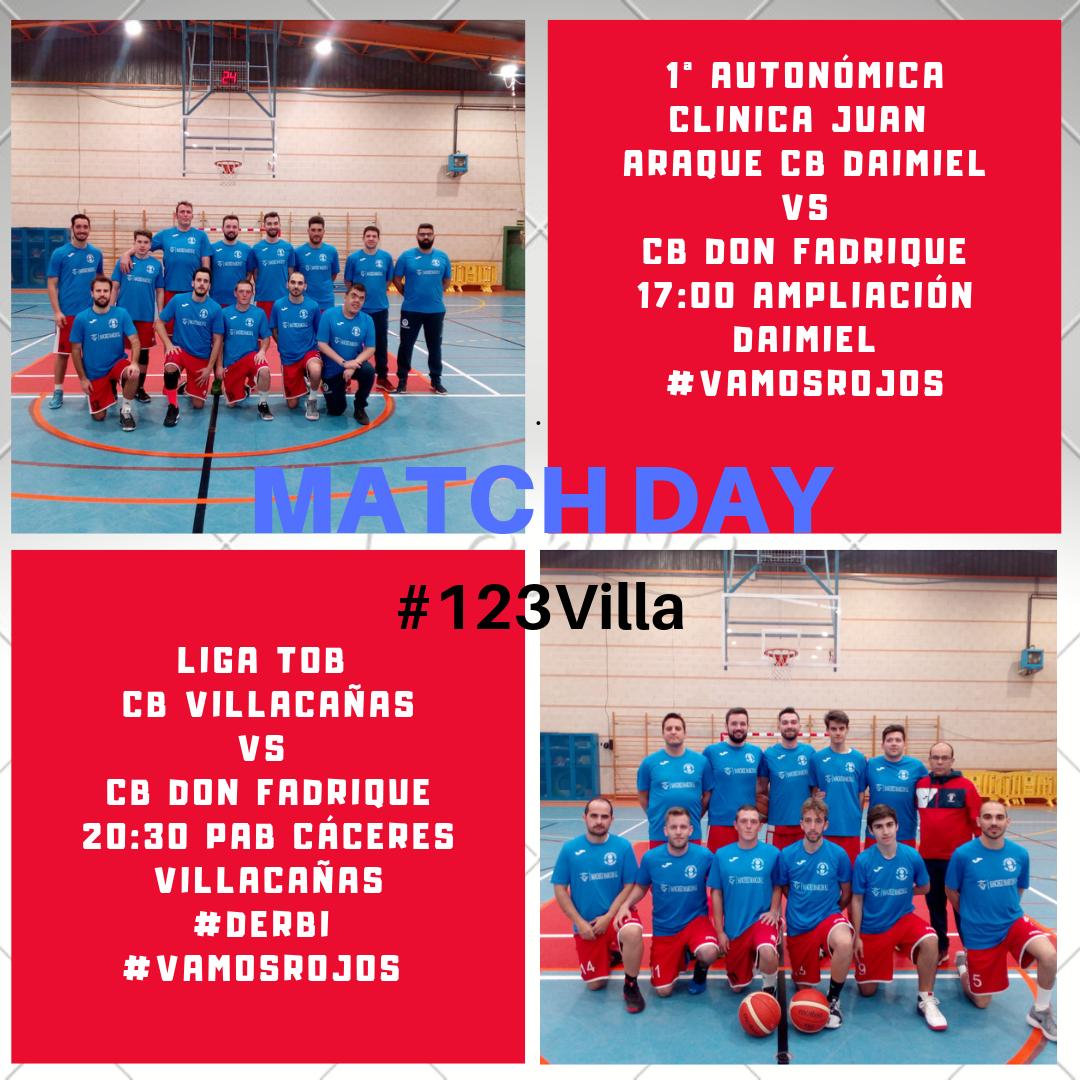 DÍA DE PARTIDOS

🏆 1ª Aut <a href="/fbclm/">FBCLM</a>
🏀 <a href="/CBDaimiel/">CBDaimiel</a> 🆚 <a href="/cbdonfadrique/">CB Don Fadrique</a> 
⌚️ 17h
🏟 La Ampliación, Daimiel

🏆 Liga <a href="/AsoBalToledoTOB/">Asoc Bal Toledo TOB</a> play-off QF
🏀 <a href="/cbvillaca/">C.B. Villacañas</a> 🆚 <a href="/cbdonfadrique/">CB Don Fadrique</a>
⌚️ 20:30 
🏟 Pab Cáceres, <a href="/AytoVillaca/">Ayto Villacañas</a>

#123Villa #VamosRojos #derbi #somosTOB #somosAPBCLM #estaligamola