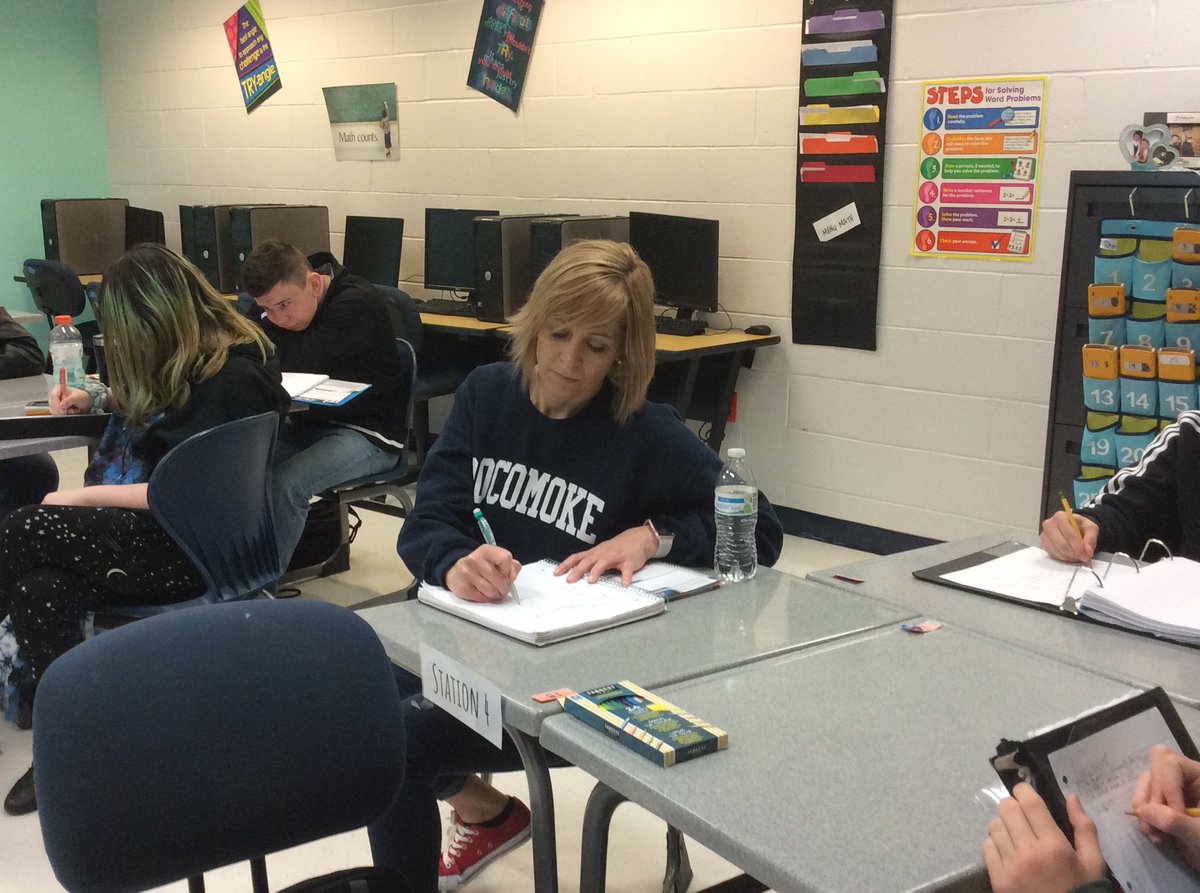 PHSWarriors1957's tweet image. Mrs. Rayne taking notes in Mrs. Steven’s Algebra 2 class as a warrior! #SASProjectPocomoke