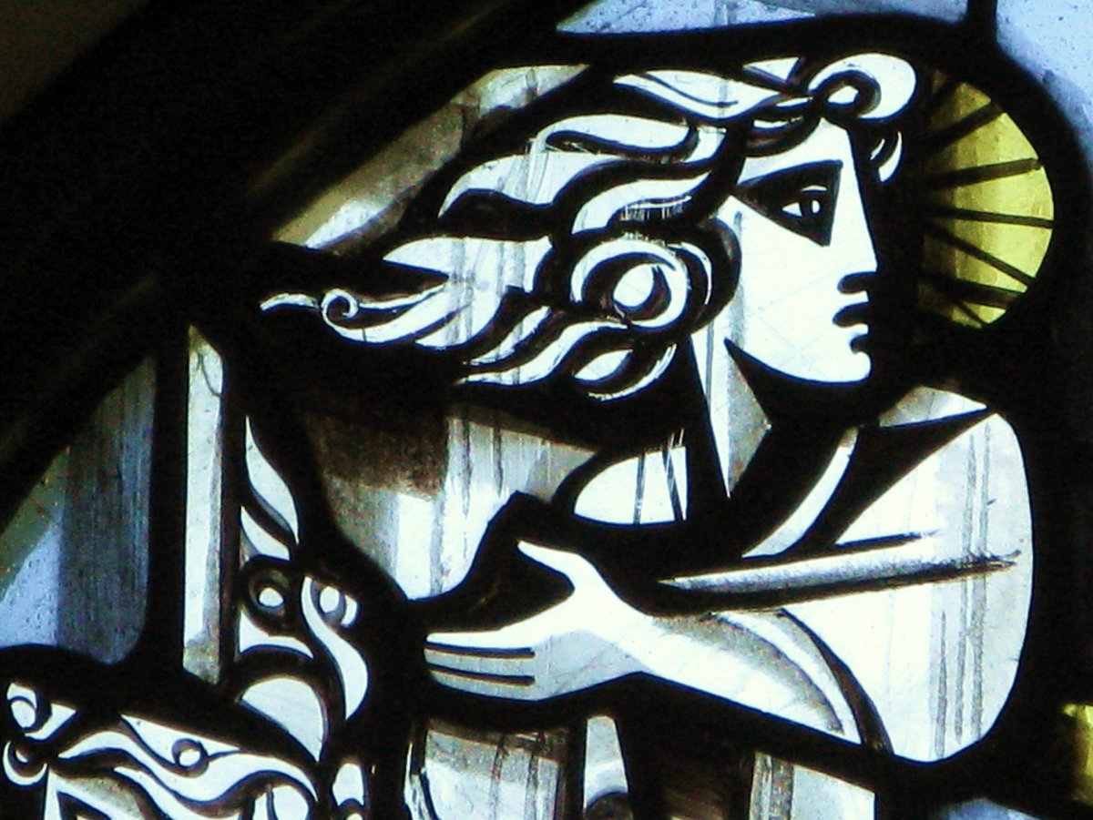 How the wind doth blow! A detail of #MidCenturyModern #StainedGlass by #HarryStammers (1953) at St Edmund's Seaton Ross @Countrymaned @C20Yorks @NellytheWillow @StroudStory @HolyWellGlass