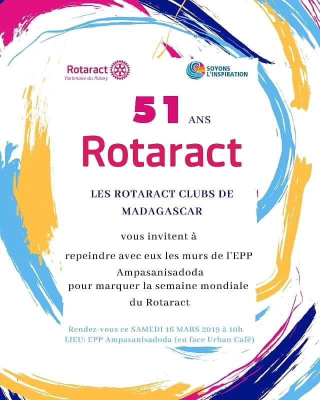 Happy 51 Rotaract!
Rejoignez-nous ce samedi pour célébrer ensemble cet anniversaire:
🎉08:00 : inauguration d’une fresque murale aux couleurs du club Ankorondrano,
🎉10:00 : rénovation de la couleur des murs de l’EPP d’Ampasanisadoda.
#rotaract51years #d9220
#worldrotaractweek