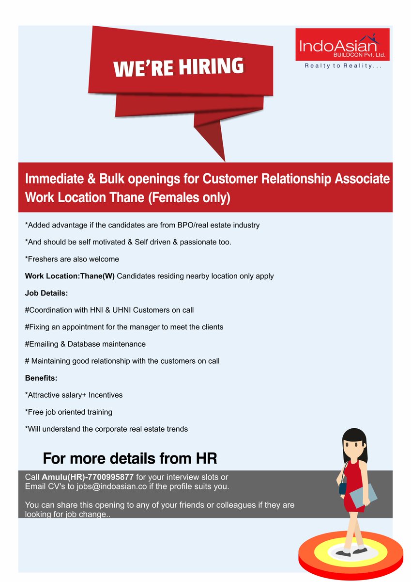 indoasianonline's tweet photo. #We are Hiring "Only Females"
To know more kindly contact Ms Amulu
Contact No :7700995877
#IndoAsianBuildcon #RecruitmentDrive #CRAJobs #SalesJob #JobsInThane #Vacancy2019 #NowHiring #JobsAvailable #JobVacancy #WalkIn #jobs #WeAreHiring #Hiring # #recruitment #hiringnow #Careers https://t.co/DWJRSktJv9