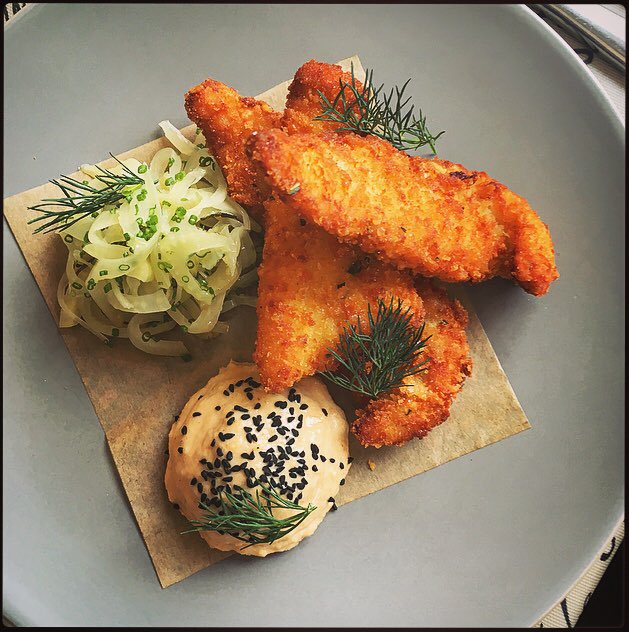wezwatts's tweet image. Rosemary and Parmesan crumbed plaice goujons, fennel marmalade, crab custard 👌🏼😘. @ThePostBoxPerth