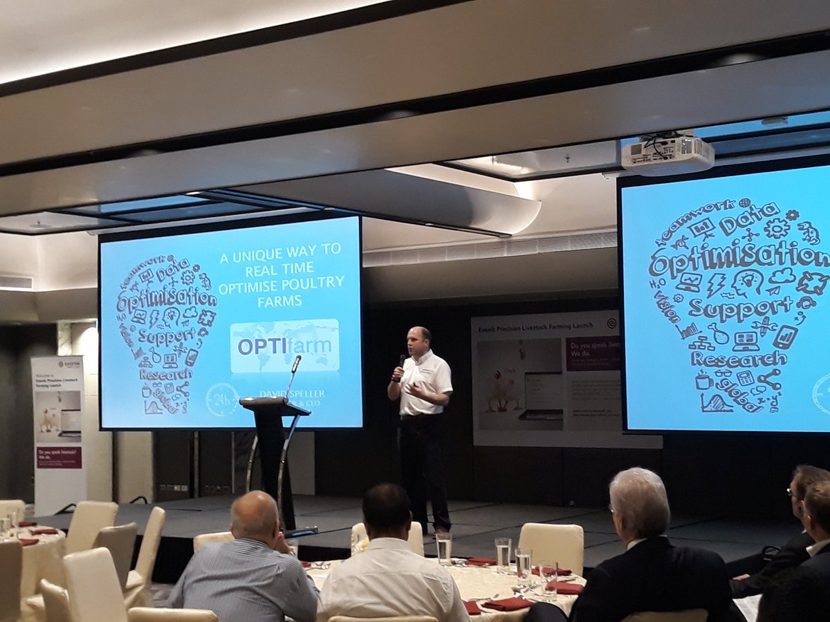David Speller introducing the unique @OPTIFarm service at the official <a href="/Evonik/">Evonik</a> #PLF launch. 24/7 Farm monitoring #poultry #smartfarming @Appliedpoultry