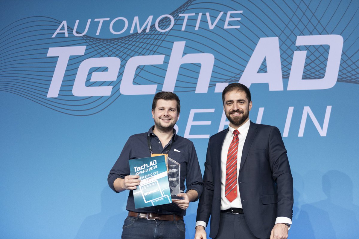 brighterAI's tweet photo. #TechAD 2019 award for the "Most Innovative ADAS/Active Safety Technology" goes to...@BrighterAI. Special thanks to @SmartMobi_Hub 
#AutonomousVehicles #ADAS #Automotive #SmartCity #DataProtection https://t.co/orRNxZ9F5N