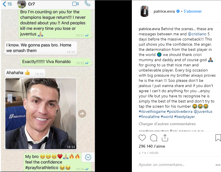 Stile Juve Twitterren Patrice Evra Partage Ses Echanges Avec Cristiano Ronaldo Sur Whatsapp Cr7 Etait Deja Tres Confiant Avant Le Match