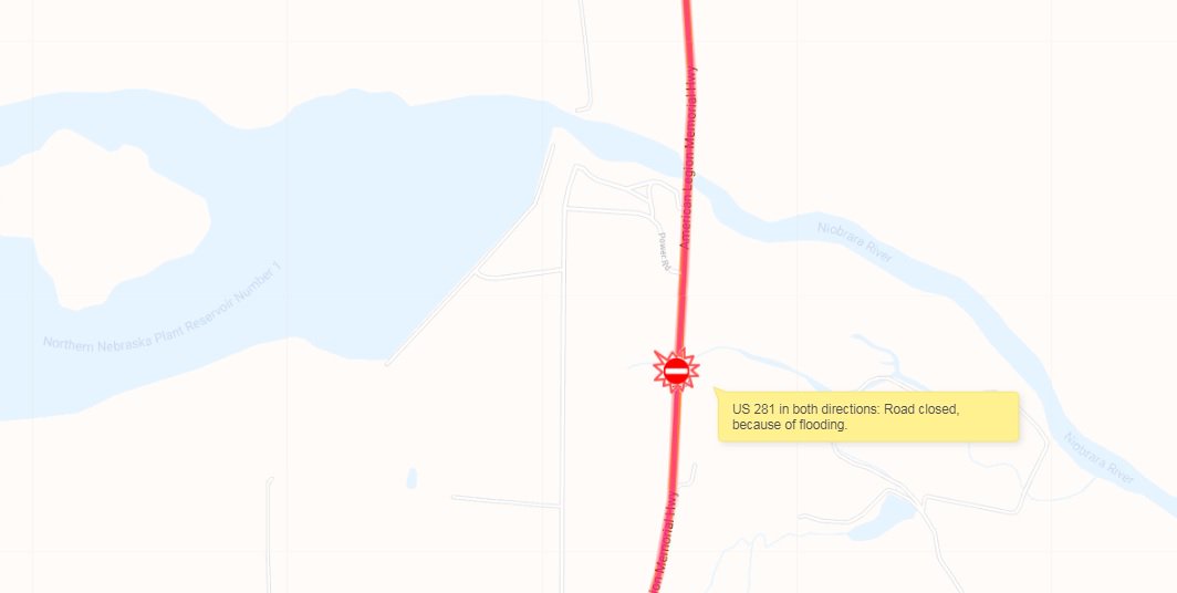 NEStatePatrol's tweet photo. The bridge on Highway 281 over the Niobrara, south of Spencer Dam appears to be gone. 

Highway 281 is already closed in this area. 

This was taken this morning. https://t.co/0tuejsVGK8