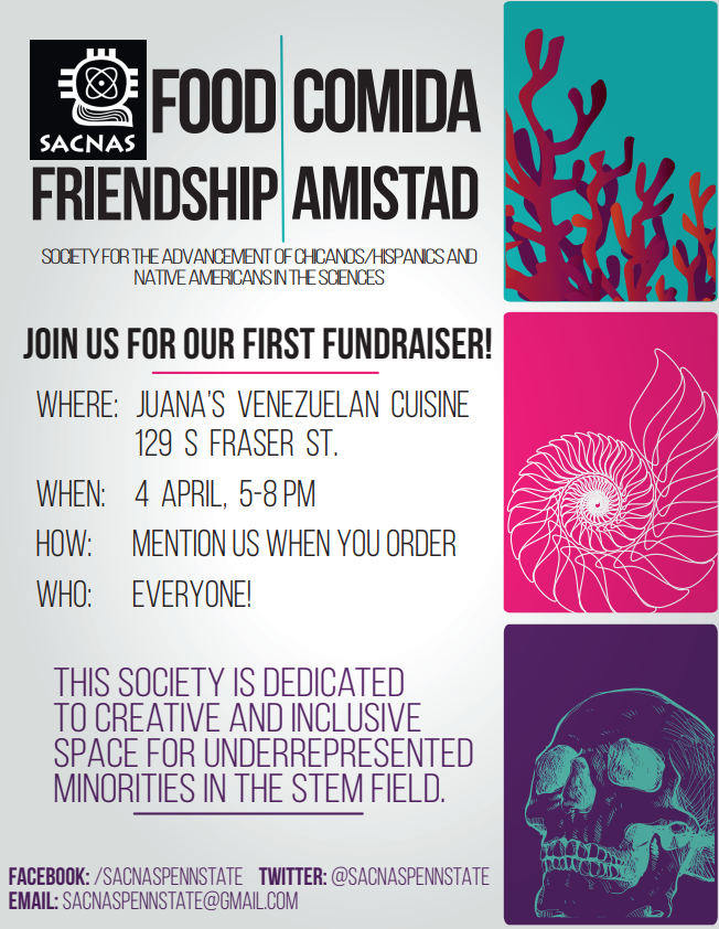 SACNASPennState's tweet photo. Join us for our first #fundraiser! Come to Juana's Venezuelan Cuisine on April 4 from 5-8pm and mention our #SACNAS chapter! Our executive board will also be present if you have any questions about attending #SACNAS2019. Hope to see you there! #DiversityandInclusion https://t.co/pglWZvfHPb