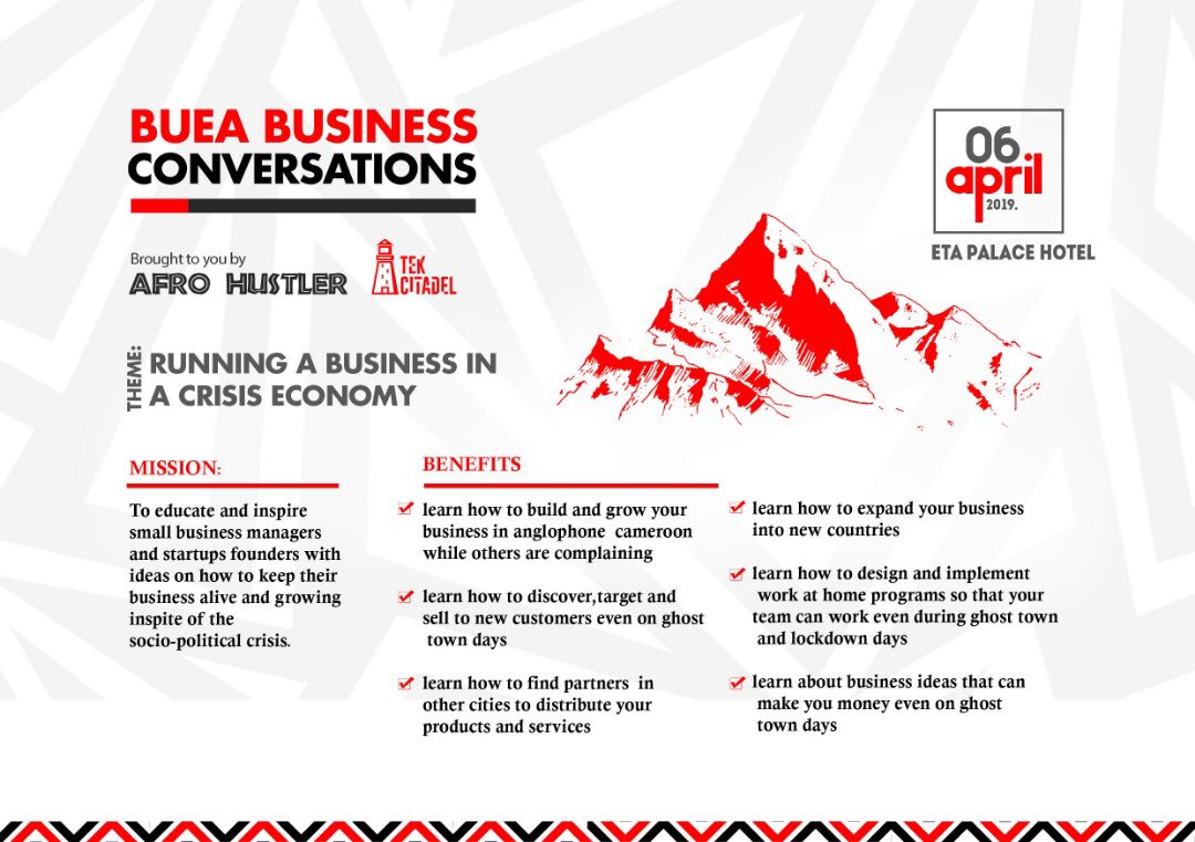Makonjo Media (@makonjomedia) on Twitter photo Buea Business Conversations - Running a Business in a Crisis Economy - 6th April 2019. ETA Palace Hotel, Buea. 10am - 4pm
Get tickets here - eventbrite.com/e/buea-busines… Buea Business Conversations - Running a Business in a Crisis Economy - 6th April 2019. ETA Palace Hotel, Buea. 10am - 4pm
Get tickets here - eventbrite.com/e/buea-busines…
