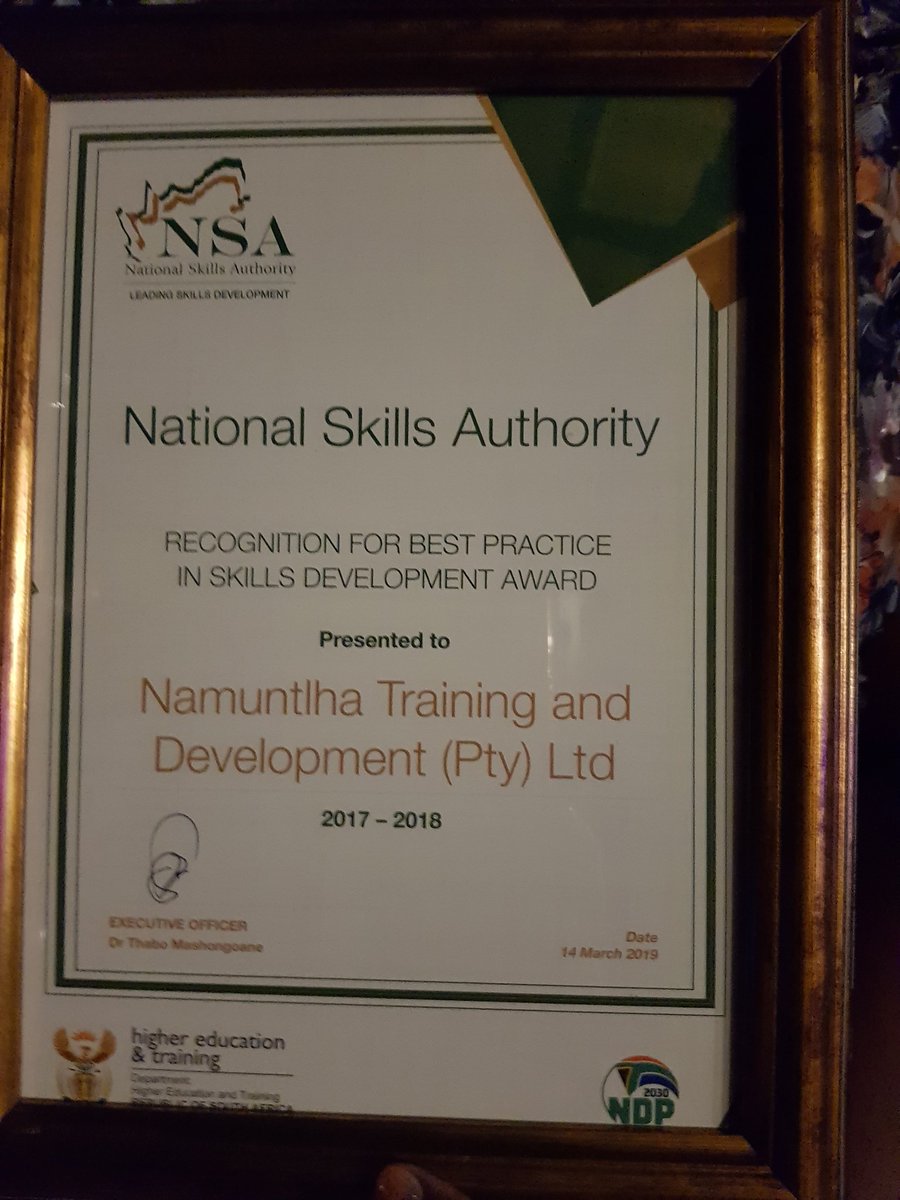 SAgovnews's tweet photo. Namuntlha Training and Development (Pty) Ltd are mong recipients of Recognition for best Practice in Skills Development Awards #NSASkillsConference #2019SkillsConference https://t.co/5mvruLs38D