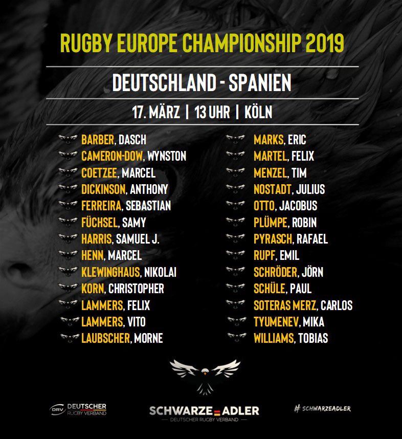 RugbyDeu's tweet photo. Kommt am Sonntag nach Köln und feuert unsere #SchwarzeAdler 🦅🇩🇪 im letzten @rugby_europe Championship-Spiel 2019 gegen @ferugby 🦁🇪🇸 an! @WorldRugby @DHLRugby @MacronSports https://t.co/0WGw8wQdIl