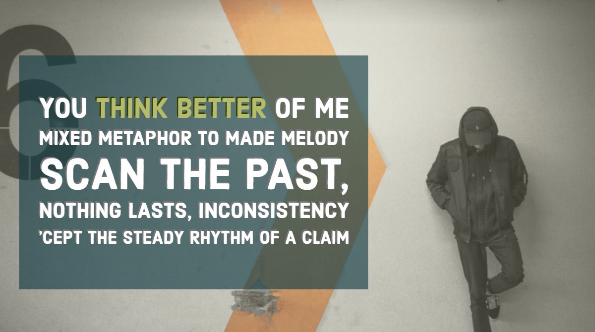 You think better of me
Mixed metaphor to made melody
Scan the past, nothing lasts, inconsistency
’cept the steady rhythm of a claim
New penchant ... for penitence

Listen to the full song here - spoti.fi/2XRKFEQ
#9beats #beatitudes #music