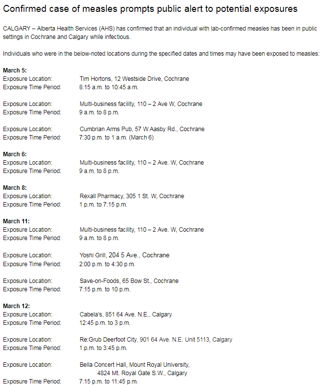 sarahcrgr's tweet photo. BREAKING: A person with infectious, lab-confirmed measles has been out in public in Calgary and Cochrane, AHS says. 

Here are the dates and places where people may have been exposed. #yyc https://t.co/kzAZDaXAbu