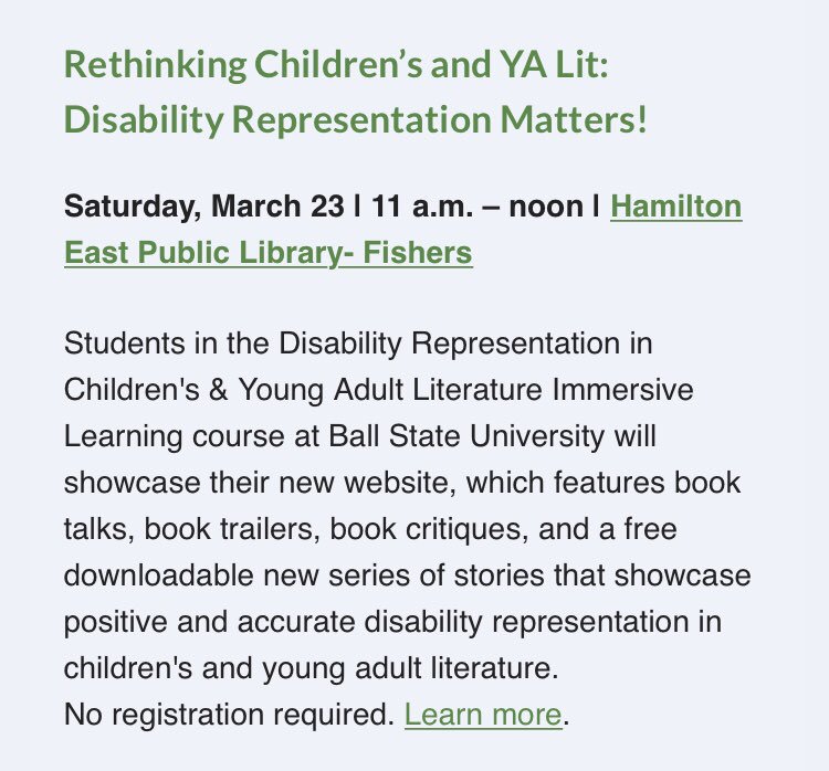 EileenPorzuczek's tweet photo. We have two upcoming events with @FishersIN for Disability Awareness Month! Join us to learn more about @rethinkkidlit ‘s Representation Matters Issue which focuses on the representation of disabilities in children’s & young adult literature📚 #bsuenglishworks #rethinkingkidlit https://t.co/0JIfKerX3V
