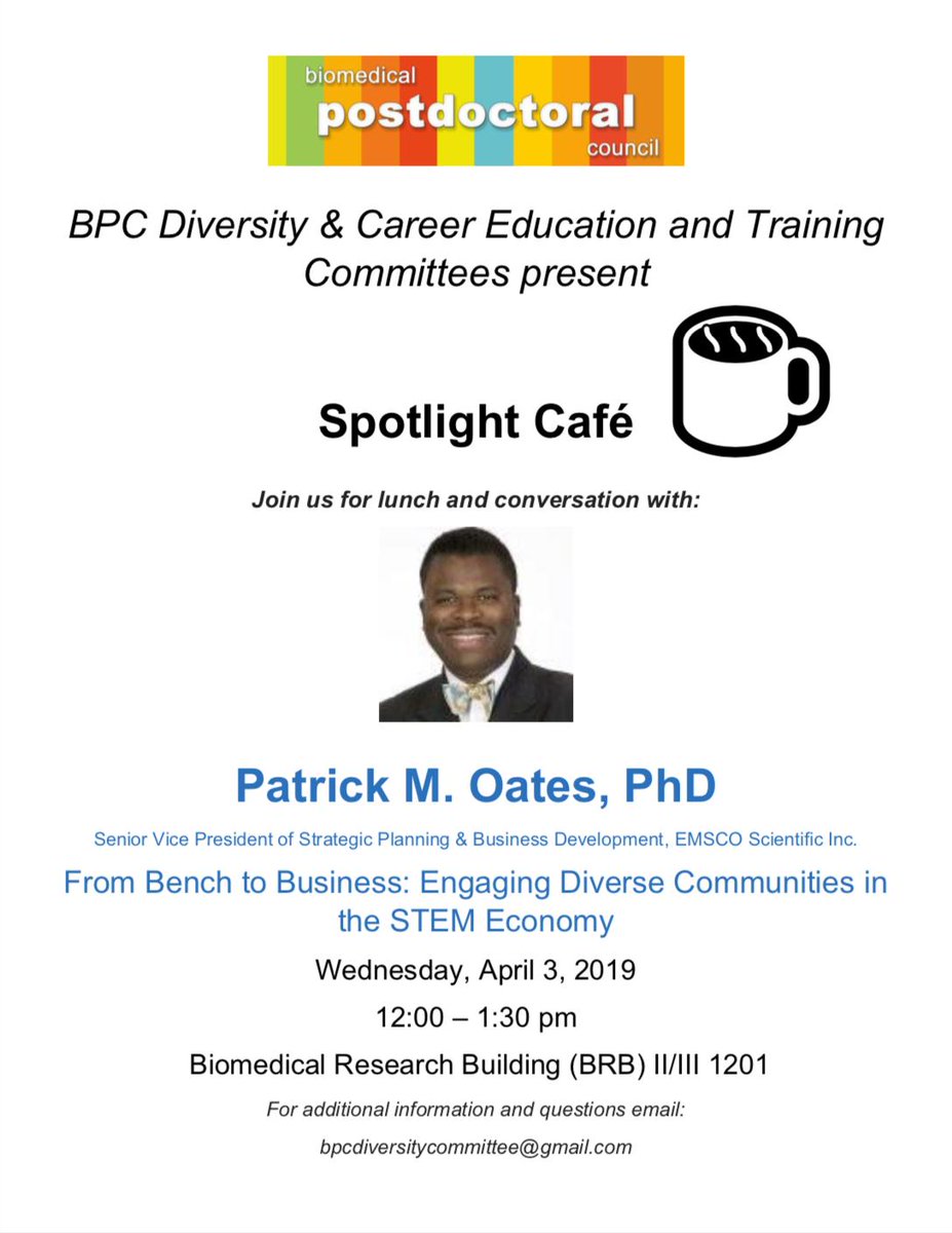 PennPPA's tweet photo. Check out our upcoming #SpotlightCafe on Wednesday, April 3rd at 12:00 PM in BRB 1201. We're hosting Dr. Oats, who will discuss "From Bench to Business: Engaging diverse communities in the STEM Economy". https://t.co/zyq3jmMPqR