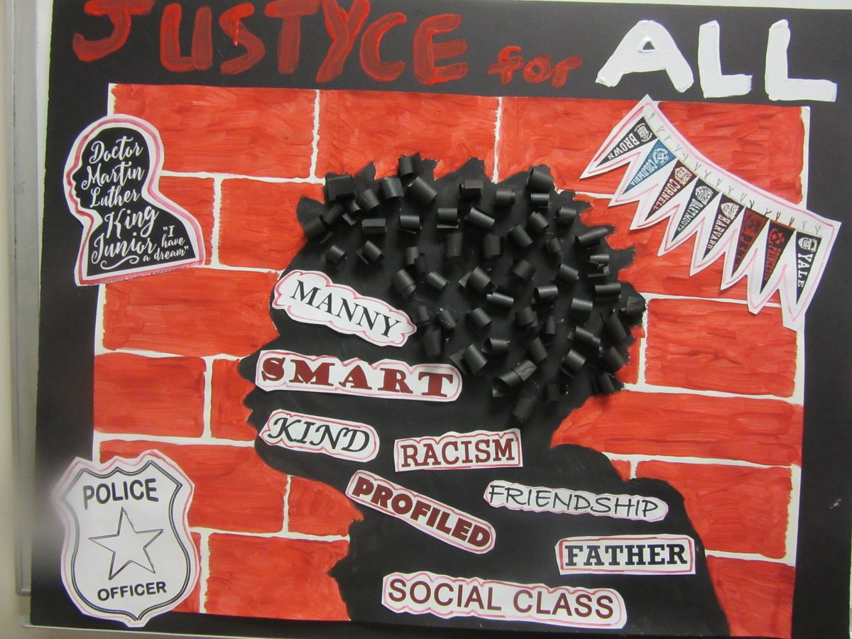 DecaLibrary's tweet photo. In preparation for author Nic Stone visiting tomorrow to discuss Dear Martin, some students and I worked on this during lunch the past few days. Looking forward to the visit-- students have some powerful questions to ask her! #getnicced https://t.co/MFCugPnltt