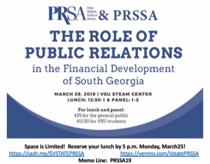 VStateComm's tweet image. Join us for lunch and the opportunity to discuss #PR in the Financial Development of South GA!  @VSTATE_PRSSA @VStateComm