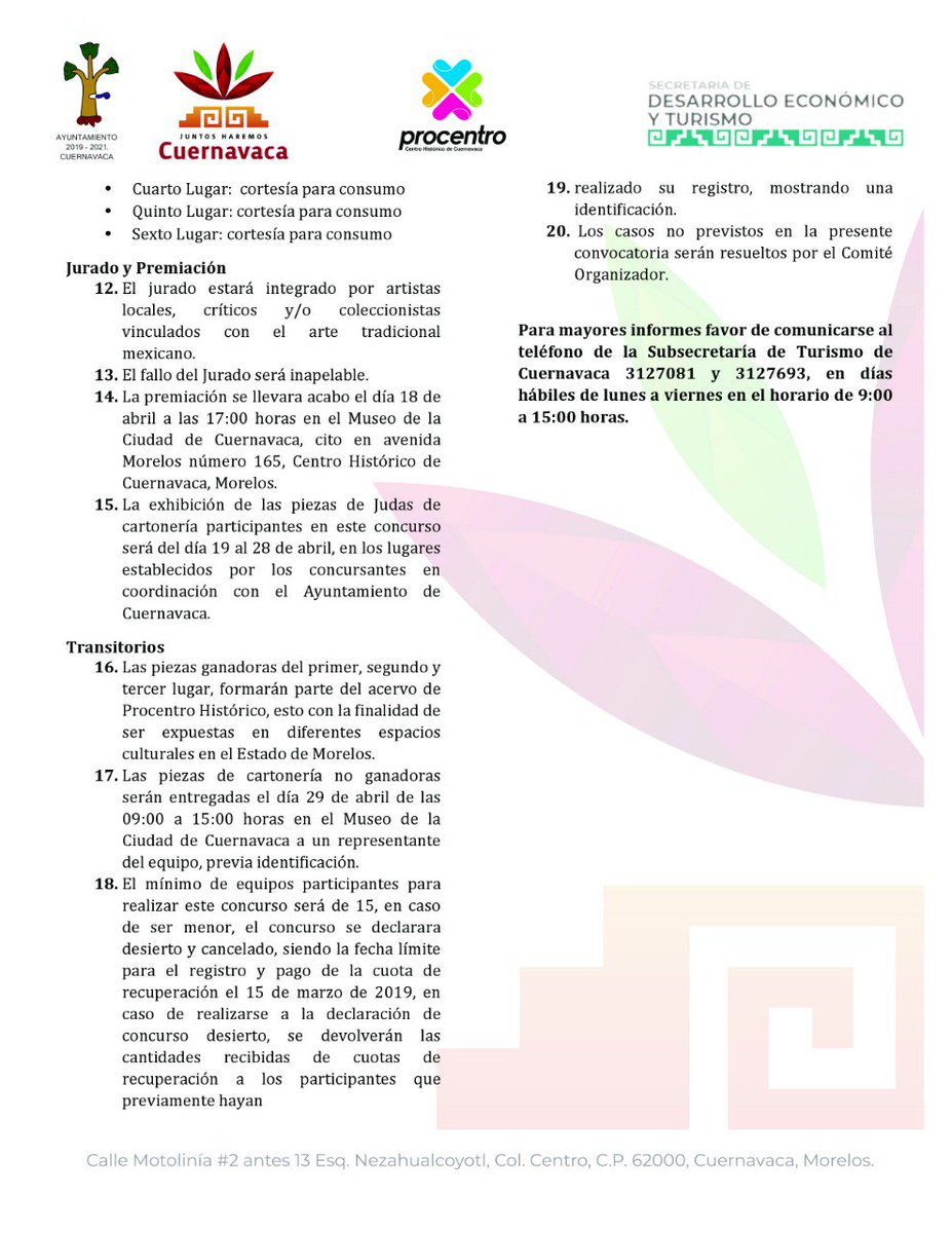 Con el fin de preservar nuestras tradiciones, <a href="/CuernavacaGob/">Municipio Cuernavaca</a> y la AC Procentro Histórico de Cuernavaca,  convocan al primer concurso municipal "Judas Semana Santa 2019". 

Si estás interesado en participar, consulta las bases ampliando las imágenes de esta publicación.
