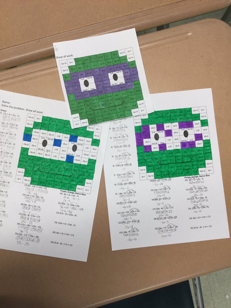 Miss_Belko's tweet photo. Are you guys thinking what I’m thinking? These students distributed, identified terms, combined like terms, and colored simplified expressions. I’m thinking, cowabunga! #iteachmath #pembertoninnovates #showthatwork #combineliketerms #mathninja #ninjaturtle #90sthrowback https://t.co/HjoGhfPDrA