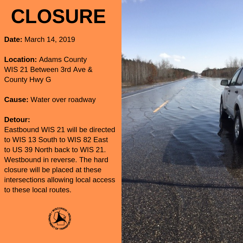WisDOTnorthcent's tweet photo. ⚠CLOSURE NOTICE⚠ Adams County
WIS 21 Between 3rd Ave &amp; County Hwy G

Detour: EB WIS 21 will be directed to WIS 13 S to WIS 82 E to US 39 N back to WIS 21. Westbound in reverse. Hard closure will be placed at these intersections allowing local access to these local routes. https://t.co/iOFA5oAPsZ