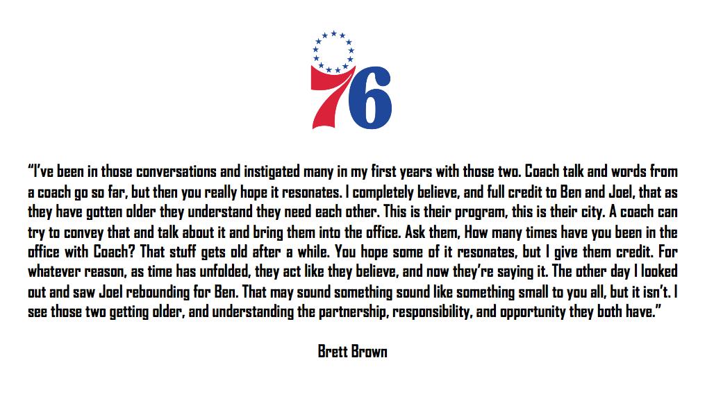 brianseltzer's tweet photo. Brett Brown was asked about Ben Simmons' recent comments to @espn:

"[Joel and I] remind ourselves a lot - we want to stay and win a championship for the city."

Brett's response:

"I give them credit. As time has unfolded they act like they believe. Now they’re saying it." https://t.co/JVTvtcTc2J
