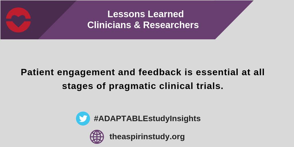 Do you have questions about engaging with patients in #PragmaticTrials? #ADAPTABLEstudy team members share their lessons learned. Visit <a href="/DCRINews/">Duke Clinical Research Institute</a> booth (1819) at #ACC19 on 3/17, 9:30 am to learn more: bit.ly/ADPTACC #ADAPTABLEstudyInsights