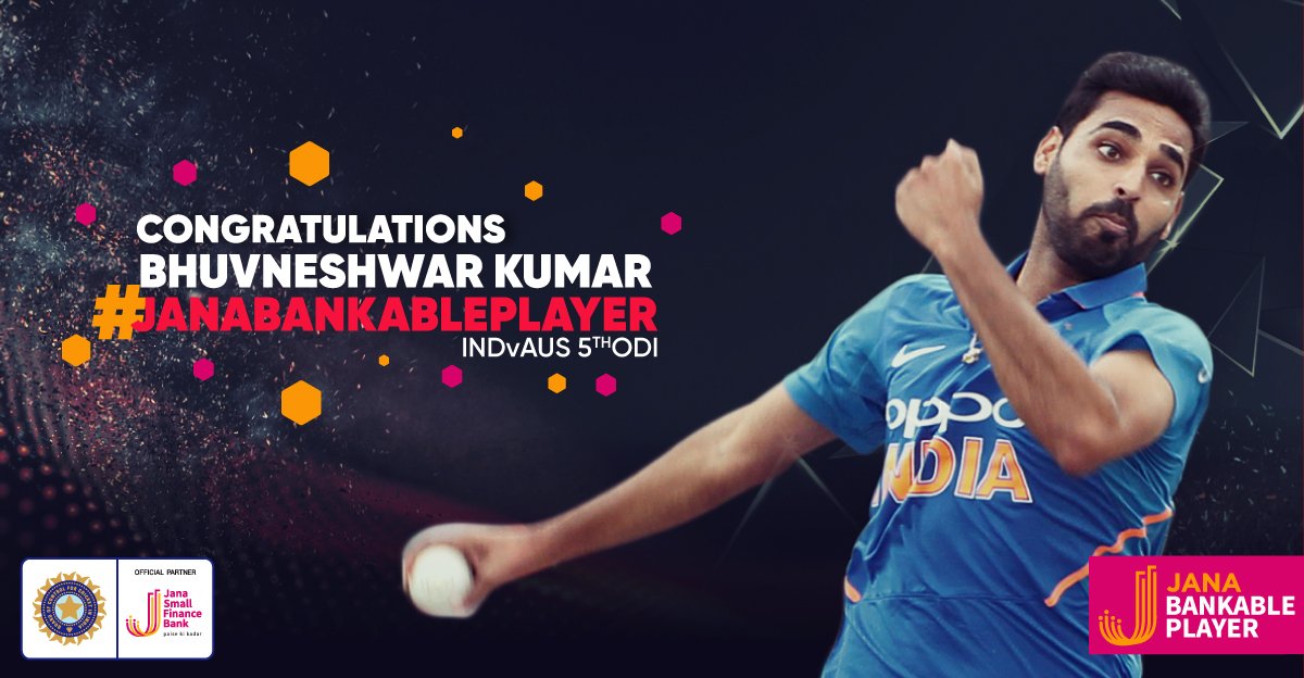 janabankable's tweet photo. Congratulations, @BhuviOfficial on winning the #JanaBankablePlayer of the 5th #INDvAUS #ODI for taking some crucial wickets and stitching together those much needed runs for #TeamIndia! https://t.co/rFTVDhNQoV