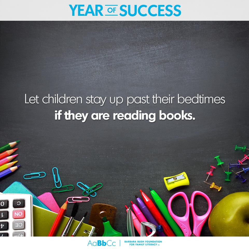 BarbaraBushFdn's tweet photo. When you delay a child’s bedtime to allow for more reading time, everybody gets what they want. Your kids will be happy to stay up late, you can rest easy knowing that they’re active readers, and that extra energy your kids burn reading might help them go to bed! #YearOfSuccess https://t.co/kNRuqxSzr7
