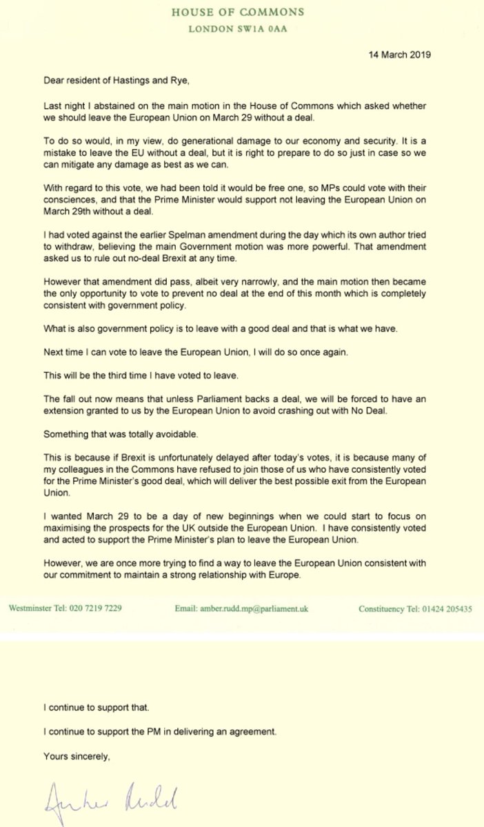 AmberRuddUK's tweet photo. I support the Brexit Deal proposed by the Prime Minister and will continue to vote for it, so we can make a success of Brexit.

Read my message to Hastings and Rye. https://t.co/bA1KQtR9pS