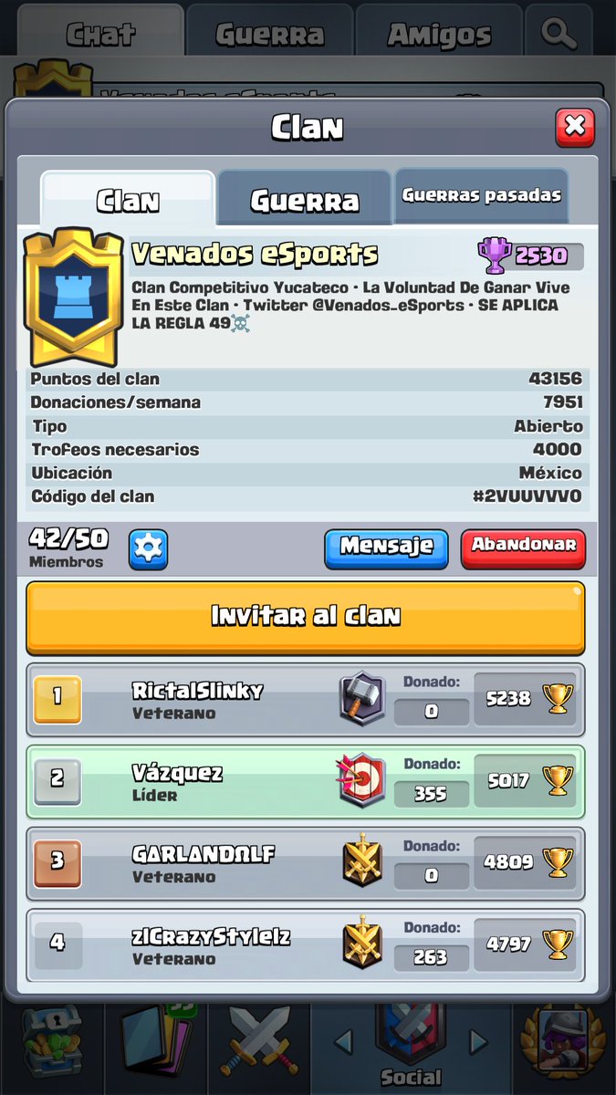 Buscamos gente para guerra, estamos cerca de llegar a liga legendaria y necesitamos tu ayuda, si estás interesado manda MD o ve al clan directamente ❤️✊ <a href="/Promo_eSport/">Promoción Esports</a> ayuden con RT :c